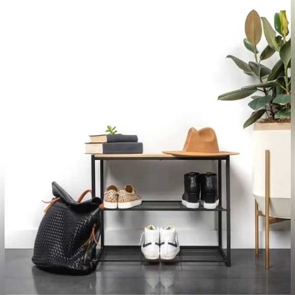☆NIB☆3 Tier "BRIGHTROOM" Large Multi-Use black metal Shoe Rack Natural Wood Top☆ - Picture 9 of 13